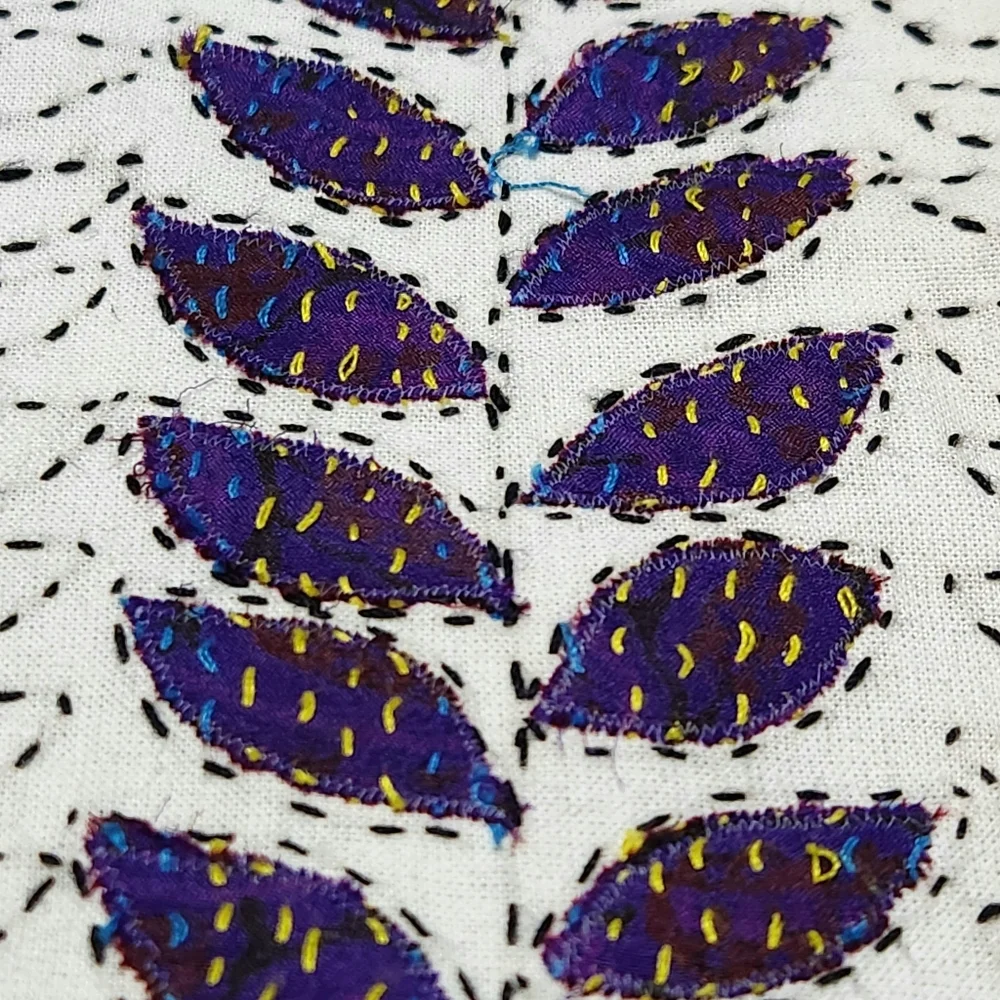 Handprint Pondicherri Kantha Leaf Pillow Covers – Set of 3 – Artisan Made India